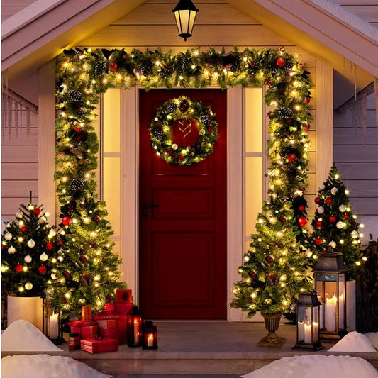 Pre-lit Xmas Tree Artificial Christmas 4-Piece Set,Garland, Wreath And Set Of 2 Entrance Trees X-mas